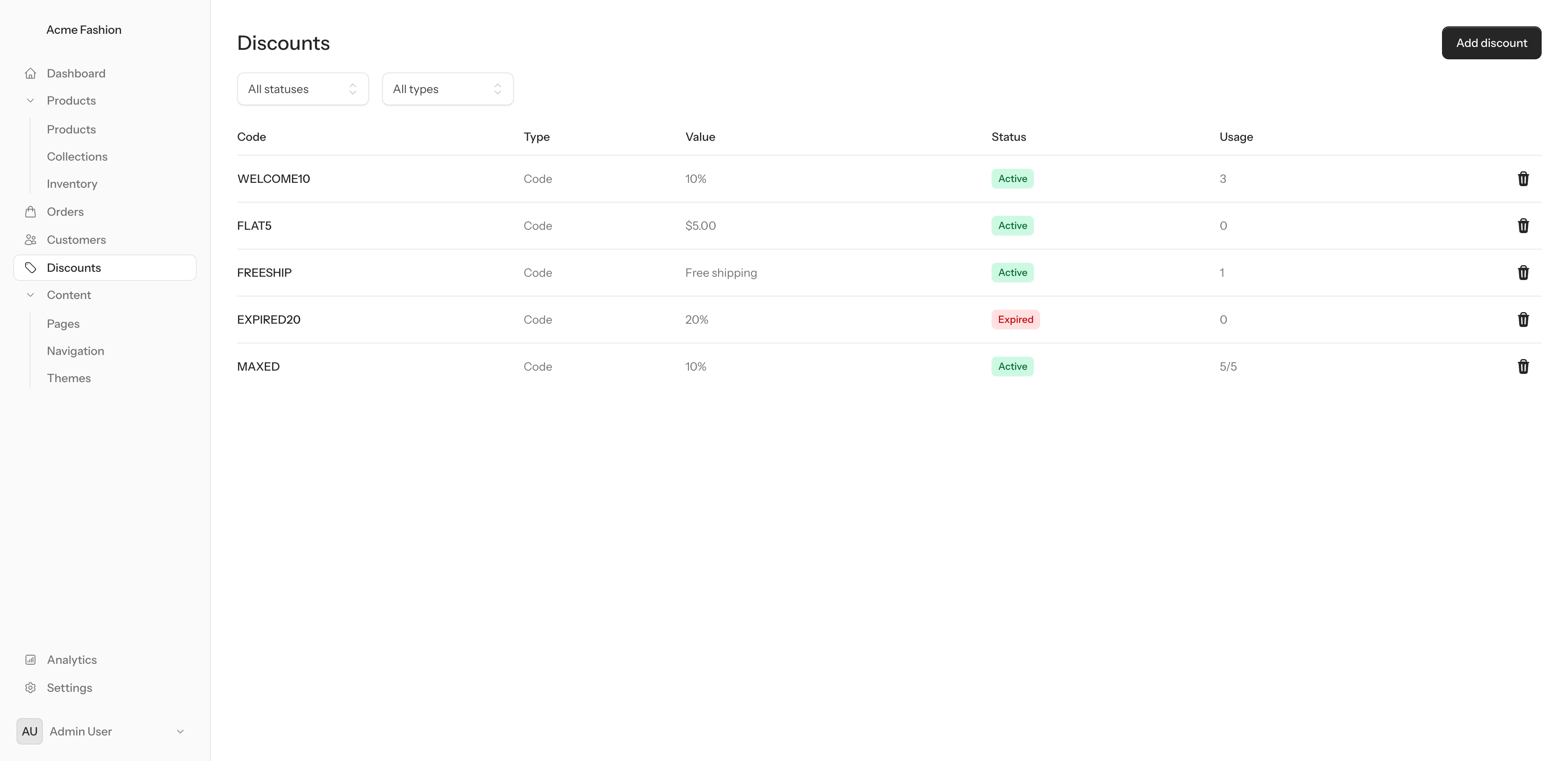 Admin discount codes management