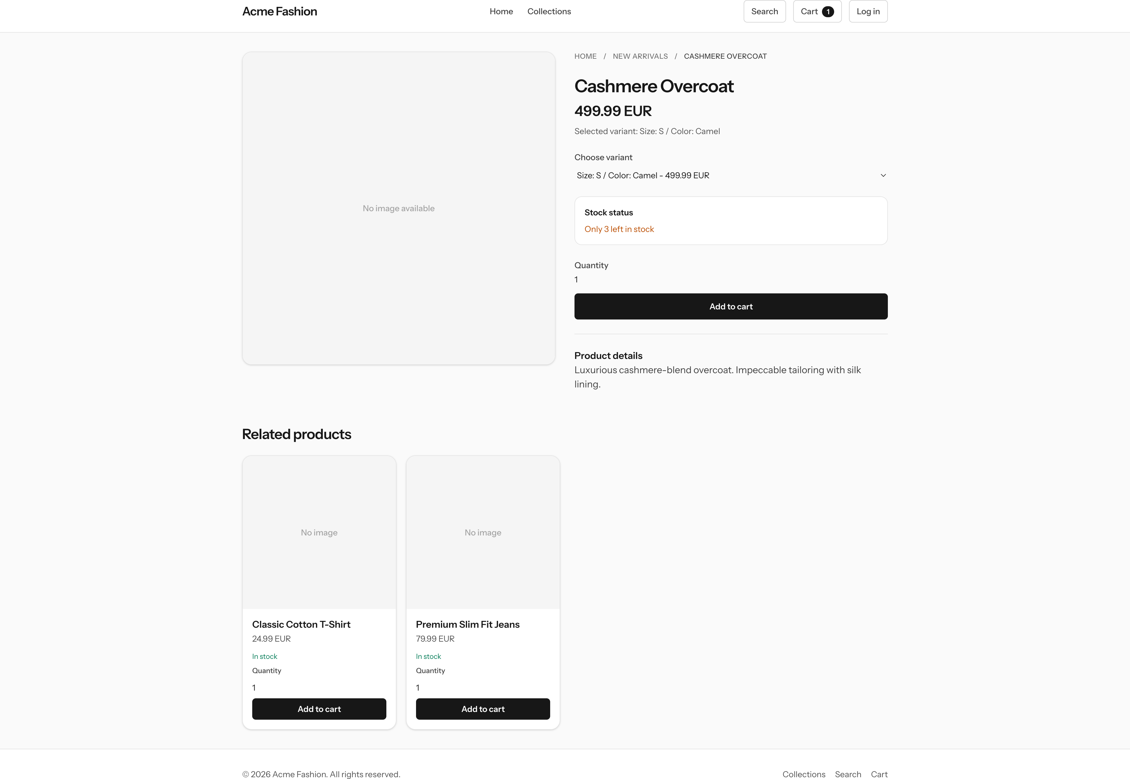 Product detail page with variant selector
